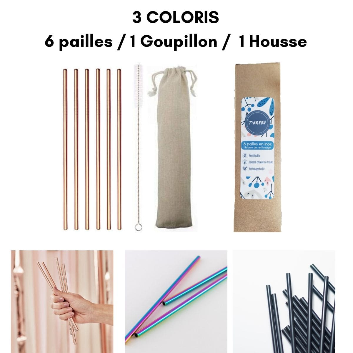 6 Pailles Reutilisables en Inox